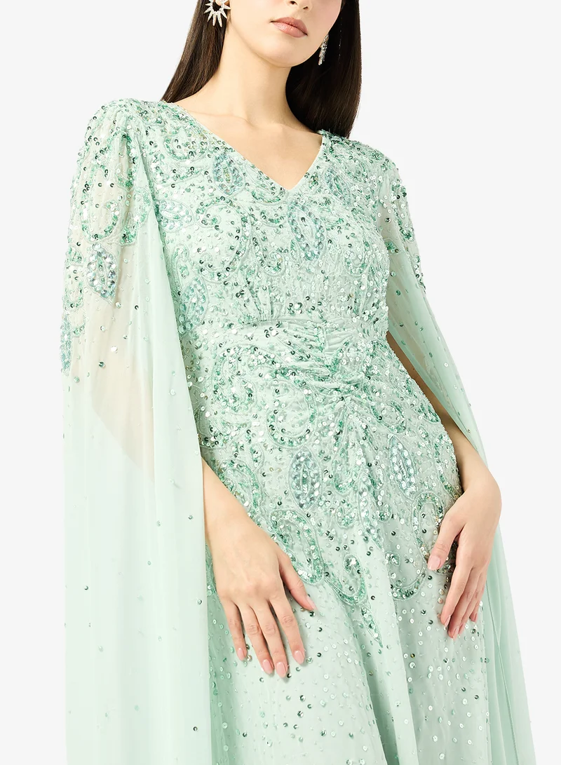 Frock And Frill  Embellished Cape Sleeve Maxi Dress for Women | Best Price UAE